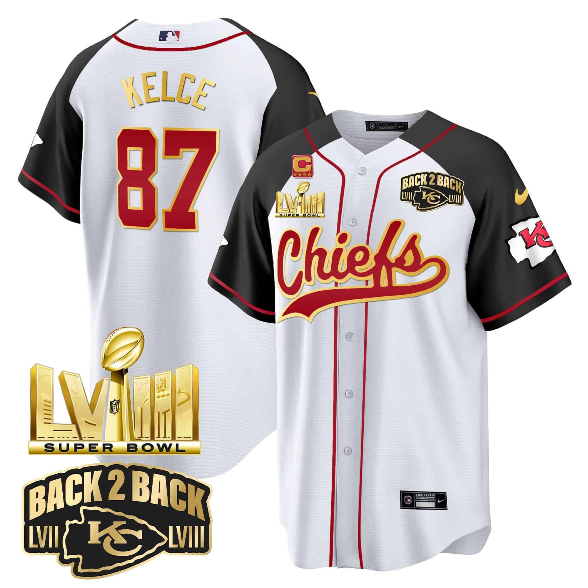 Men Kansas City Chiefs 87 Kelce White 2024 Nike Super Bowl LVIII Back 2 Back Gold Patch Baseball NFL Jersey style 1